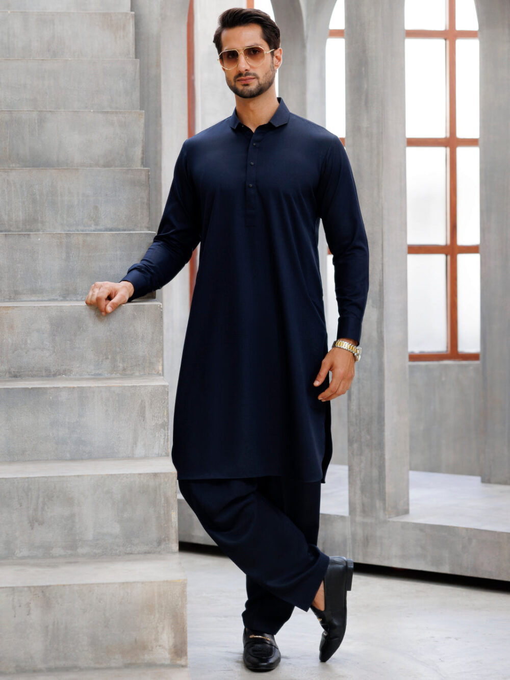 Navy Blue Blended Kameez Shalwar